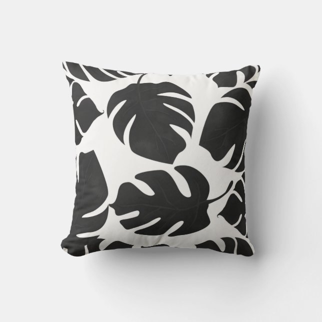 Black Tropical Leaves Summer Glam Botanical Throw Pillow (Front)