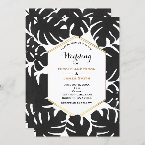 Black Tropical Leaves White  Gold Chic Wedding Invitation