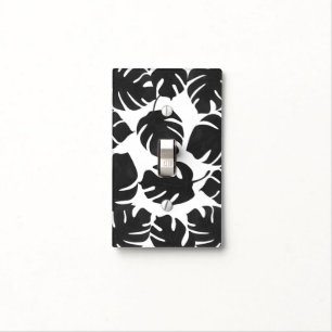 Black Tropical Leaves White & Gold Elegant Chic Light Switch Cover