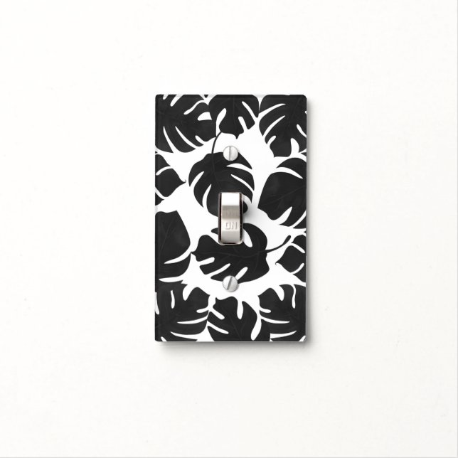 Black Tropical Leaves White & Gold Elegant Chic Light Switch Cover (In Situ)