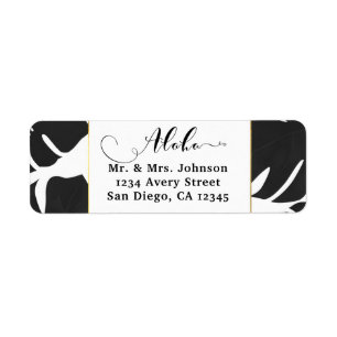 Black Tropical Leaves White & Gold Wedding Label