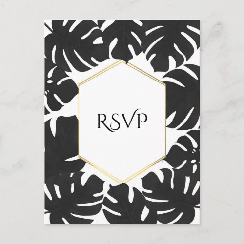 Black Tropical Leaves White  Gold Wedding RSVP Invitation Postcard