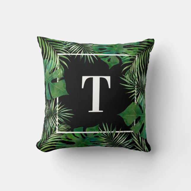 Black Tropical Palm Leaf Botanical Monstera Leaf Throw Pillow (Front)