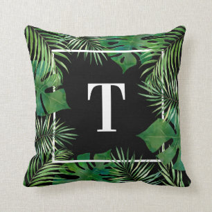 Black Tropical Palm Leaf Botanical Monstera Leaf Throw Pillow