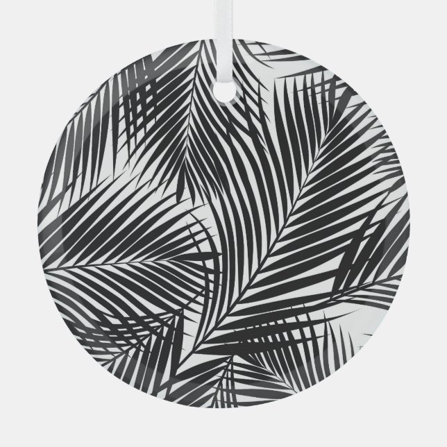 Black tropical palm leaves, white background glass ornament (Front)