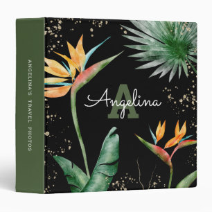 Black Tropical Palm Monogram Script Gold Glitter 3 Ring Binder