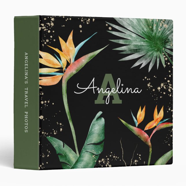 Black Tropical Palm Monogram Script Gold Glitter 3 Ring Binder (Front/Spine)