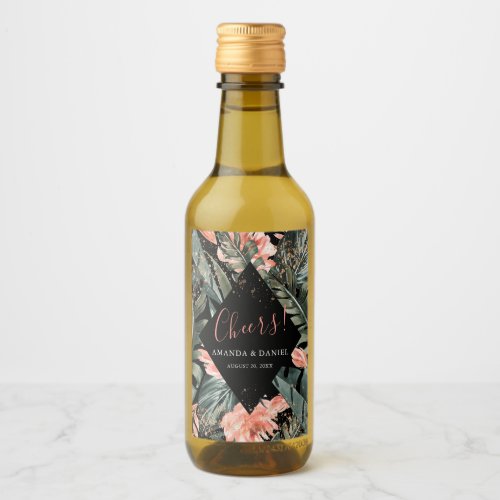 Black Tropical Palm Wedding Mini Wine Bottle Label
