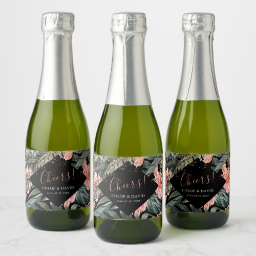 Black Tropical Palm Wedding Sparkling Wine Bottle  Sparkling Wine Label