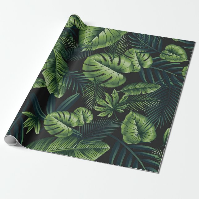 Black Tropical Pattern Wrapping Paper (Unrolled)