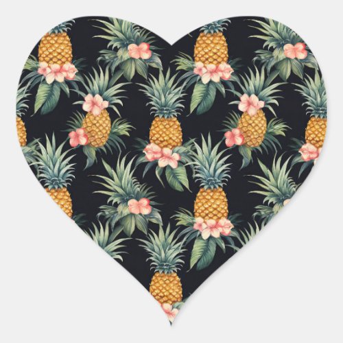 Black Tropical Pink Flowers and Pineapples Heart Sticker