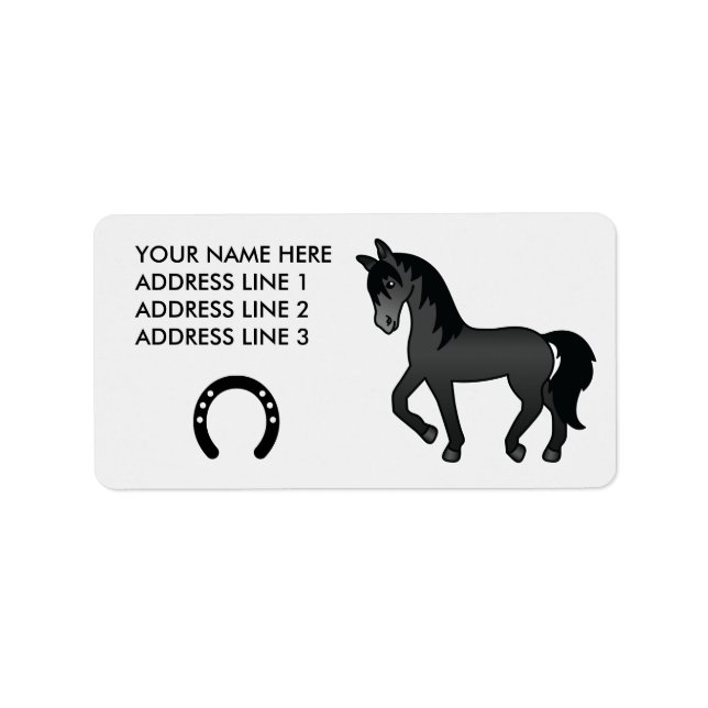 Black Trotting Cartoon Horse Label (Front)