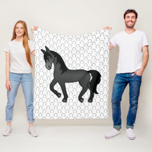 Black Trotting Horse Cute Cartoon Illustration Fleece Blanket
