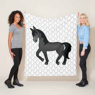 Black Trotting Horse Cute Cartoon Illustration Fleece Blanket