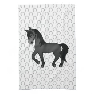 Black Trotting Horse Cute Cartoon Illustration Kitchen Towel