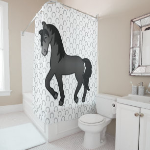 Black Trotting Horse Cute Cartoon Illustration Shower Curtain