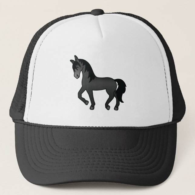 Black Trotting Horse Cute Cartoon Illustration Trucker Hat (Front)