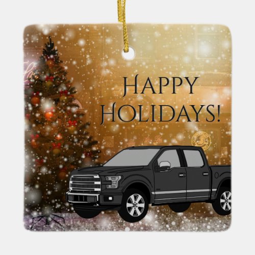 Black Truck in Christmas Winter Snow Scene Ceramic Ornament