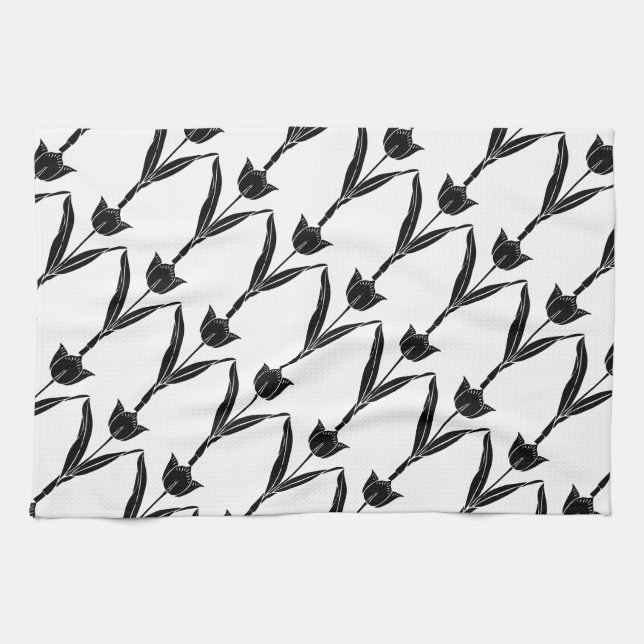 Black Tulip, Black and White, Flower, Floral Towel (Horizontal)