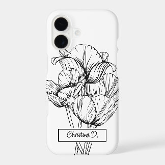 Black Tulips Line Drawing on White with Name iPhone 17 Case