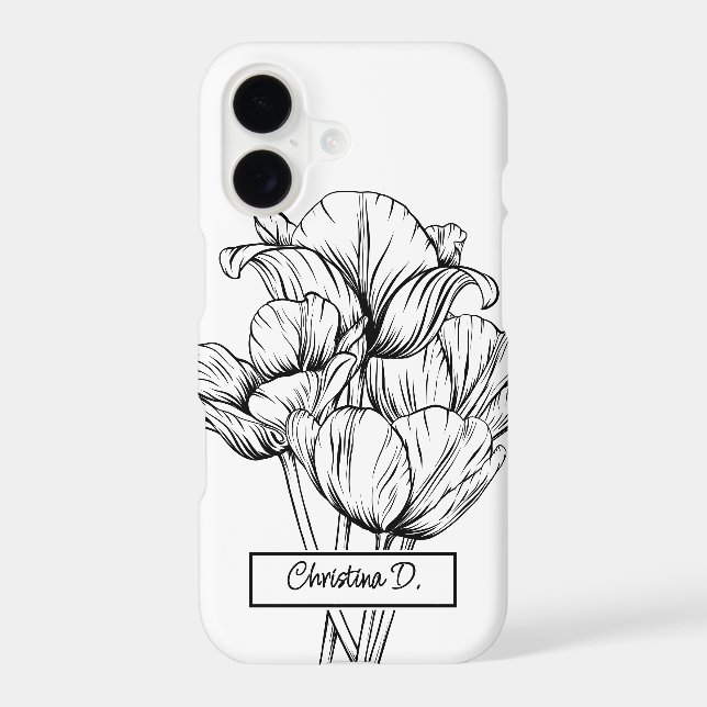 Black Tulips Line Drawing on White with Name iPhone Case (Back)