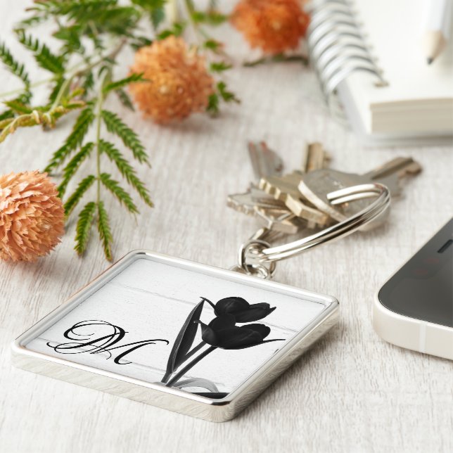 Black Tulips | Personalized Initial Keychain (Side)