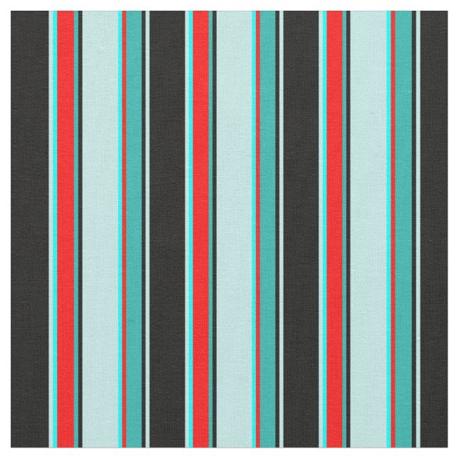 Black, Turquoise, Aqua, Red, Light Sea Green Lines Fabric (Close Up)
