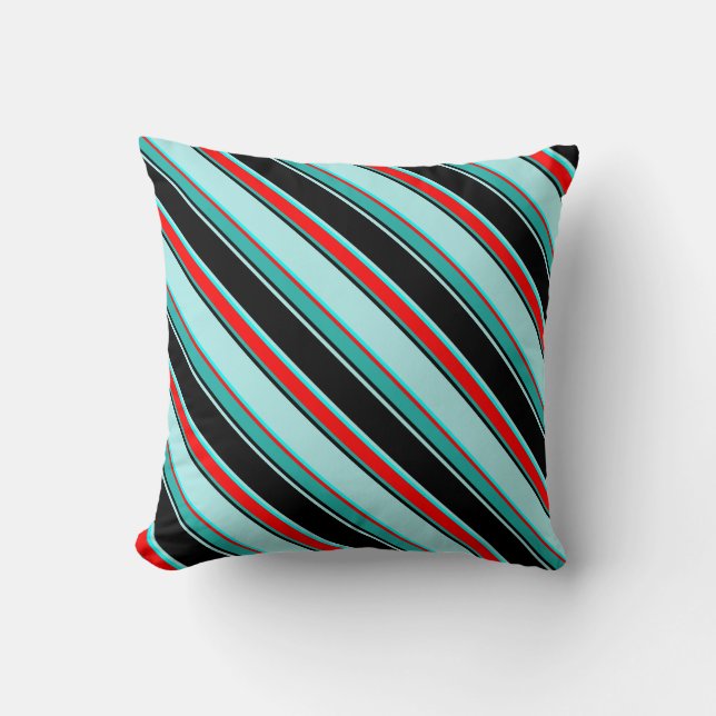 Black, Turquoise, Aqua, Red, Light Sea Green Lines Throw Pillow (Front)