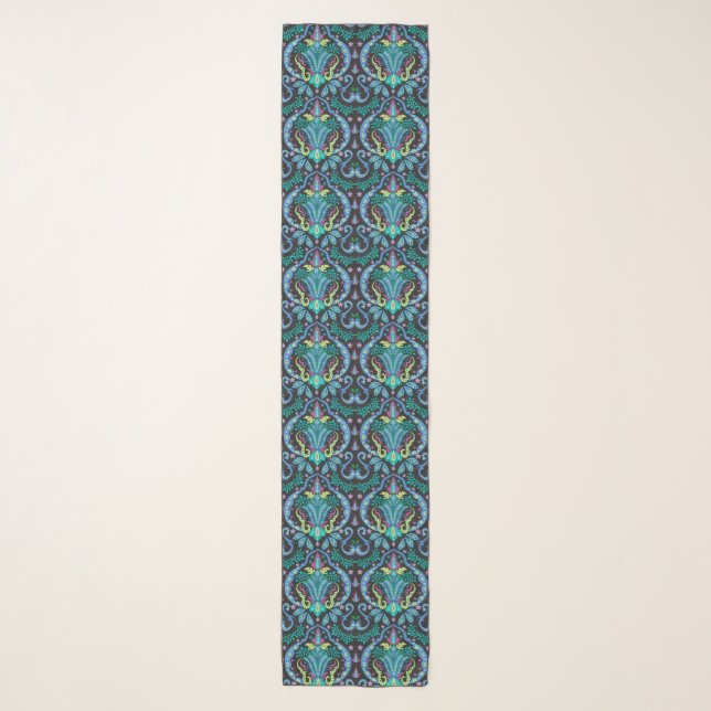 Black Turquoise Blue Modern Damask Art Deco Floral Scarf (Front)