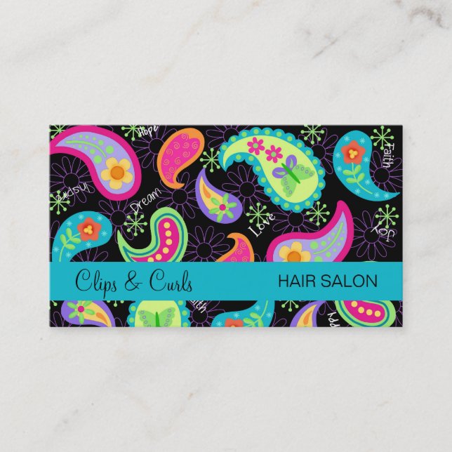 Black Turquoise Blue Modern Paisley Whimsy Pattern Business Card (Front)