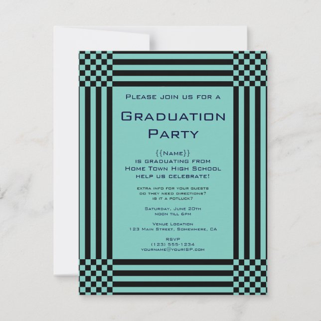 Black Turquoise Checkers Stripes Graduation Party Invitation (Front)
