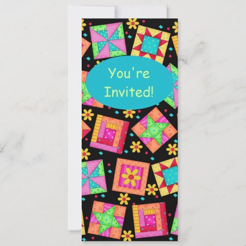 Black Turquoise Colorful Patchwork Quilt Block Art Invitation