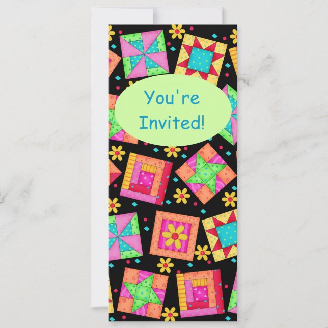 Black Turquoise Colorful Patchwork Quilt Block Art Invitation (Front)