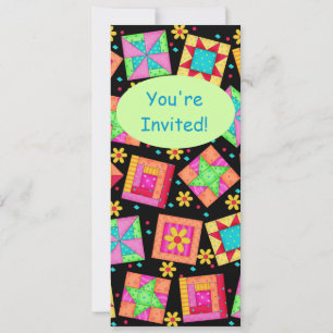 Black Turquoise Colorful Patchwork Quilt Block Art Invitation