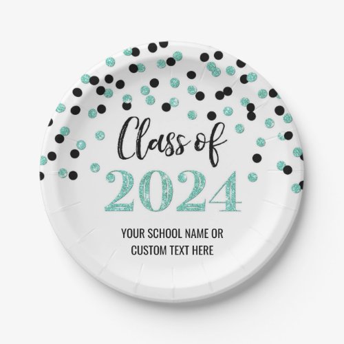 Black Turquoise Confetti Graduation 2024 Paper Plates
