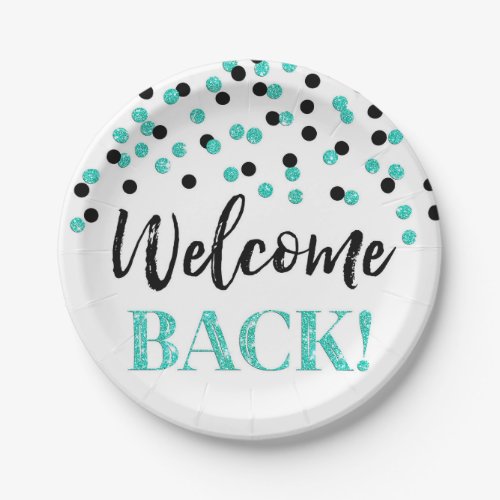 Black Turquoise Confetti Welcome Back Paper Plates