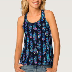 Black & Turquoise Feather Pattern Tank Top