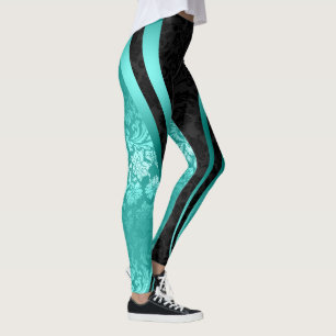 Black & Turquoise Floral Damasks Geometric Design Leggings
