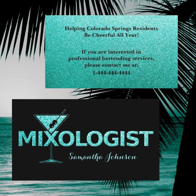 Black & Turquoise Glitter Bartender Business Card (Creator Uploaded)