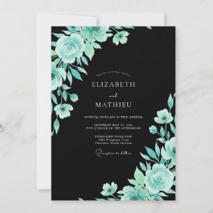 Black Turquoise Leafy Wedding Invitation