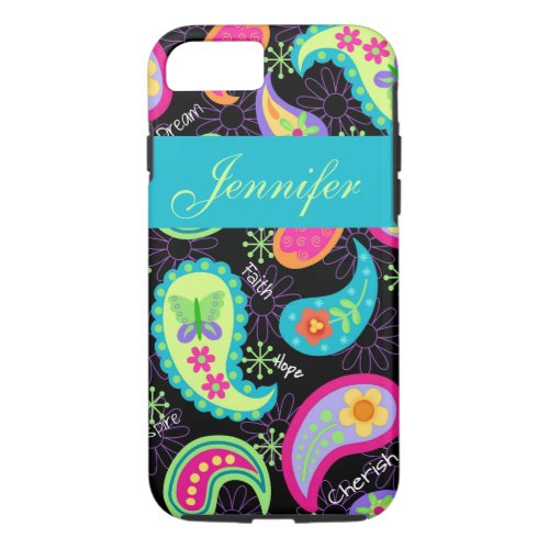 Black Turquoise Modern Paisley Name Personalized iPhone 87 Case