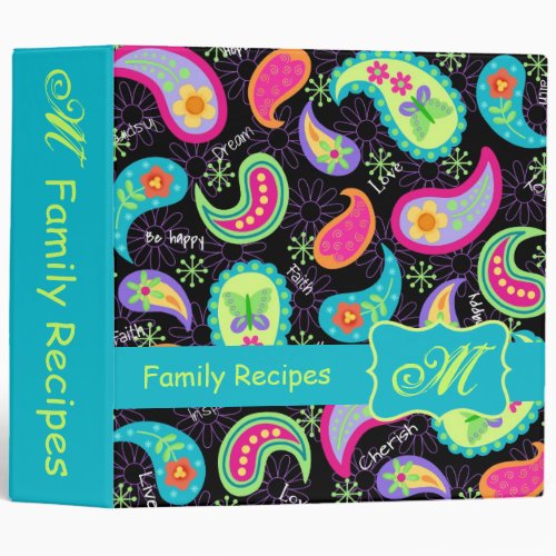 Black Turquoise Modern Paisley Pattern Monogram 3 Ring Binder