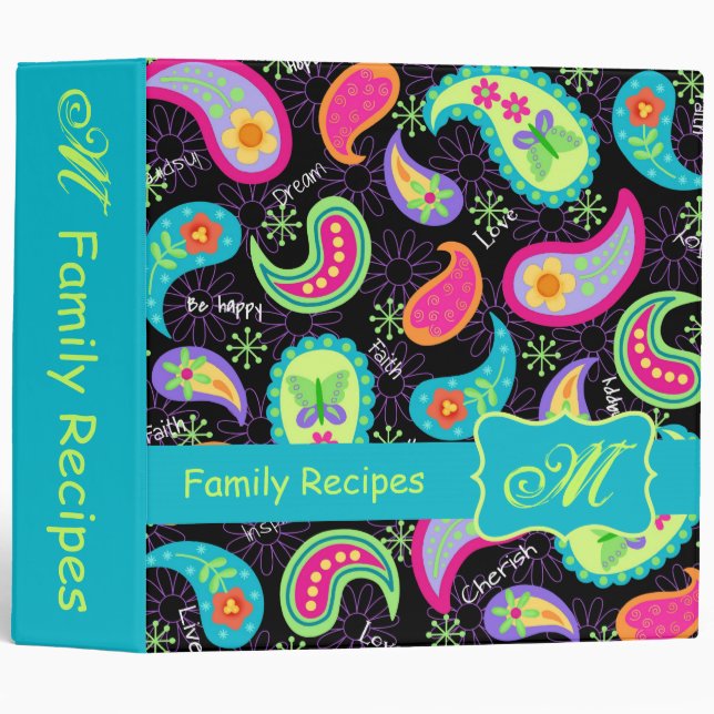 Black Turquoise Modern Paisley Pattern Monogram 3 Ring Binder (Front/Spine)