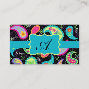 Black Turquoise Modern Paisley Pattern Monogram Business Card
