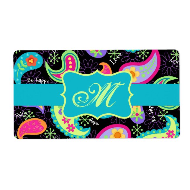 Black Turquoise Modern Paisley Pattern Monogram Label (Front)