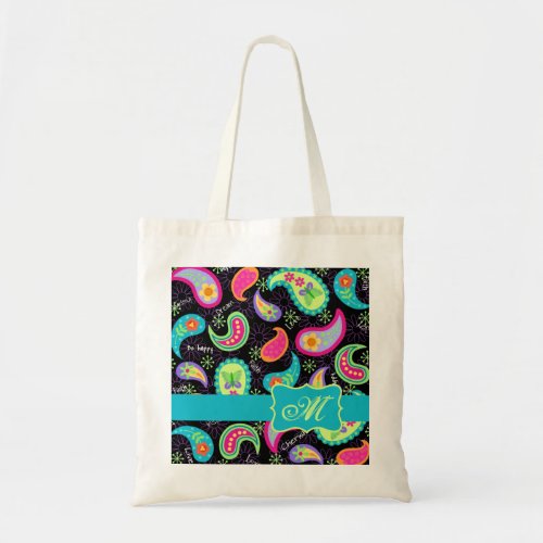 Black Turquoise Modern Paisley Pattern Monogram Tote Bag