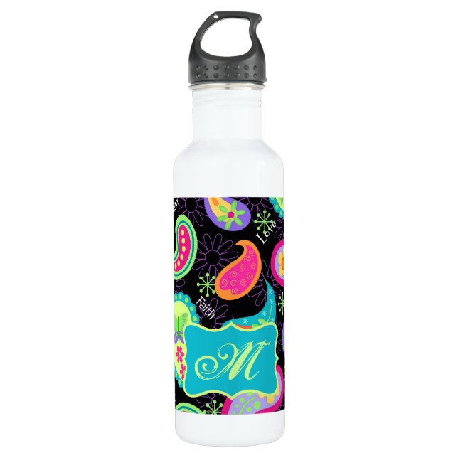 Black Turquoise Modern Paisley Pattern Monogram Water Bottle (Front)