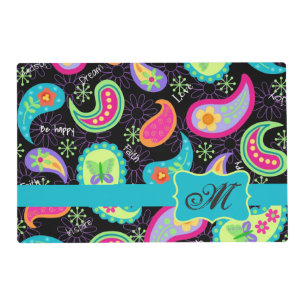 Black Turquoise Monogram Personalized Mod Paisley Placemat