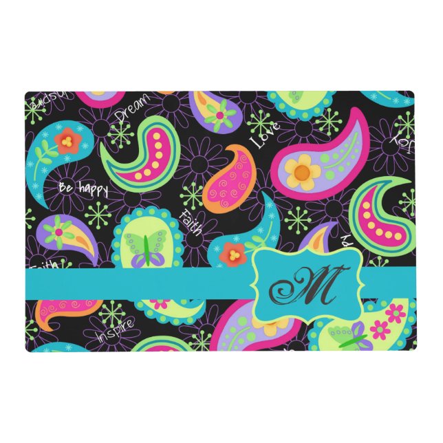 Black Turquoise Monogram Personalized Mod Paisley Placemat (Back)