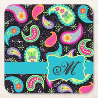 Black Turquoise Monogram Personalized Mod Paisley Square Paper Coaster